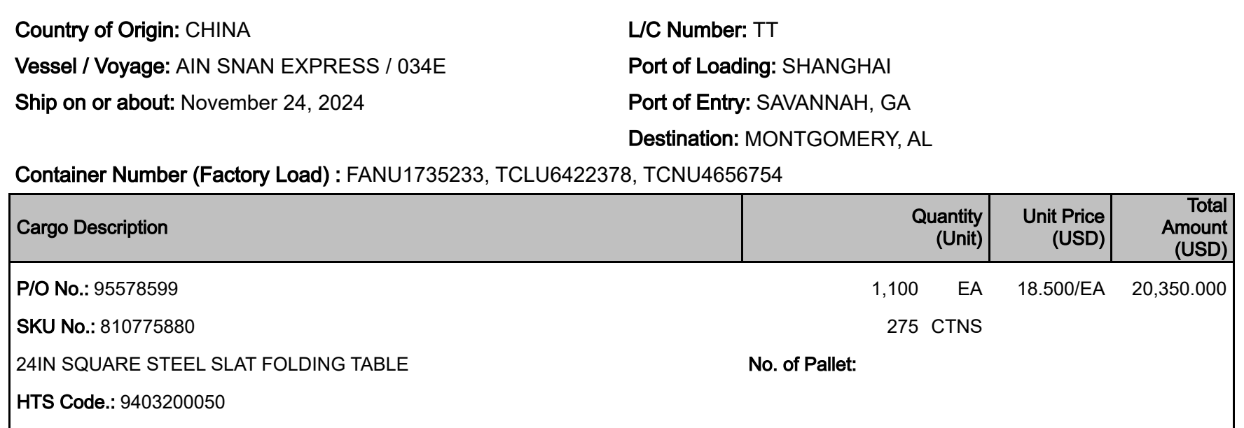 Crop of page 1 of z19.pdf, the invoice, showing the first goods line. Marked: CHINA, 20,350.000, 275 CTNS, 24IN SQUARE STEEL SLAT FOLDING TABLE and 9403200050.